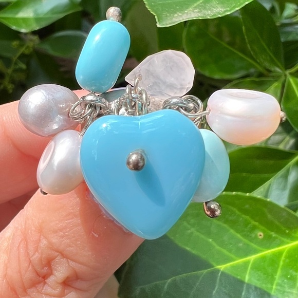 925 STERLING PEARL TURQUOISE BEADS MULTI CHARM DANGLE RING STATEMENT UNIQUE